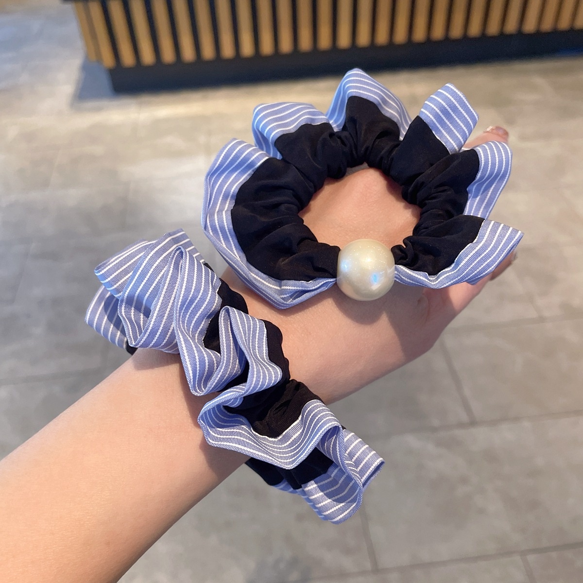 Women's Summer Pearl Rubber Band Hair Tie Accessory Blue Striped Cloth