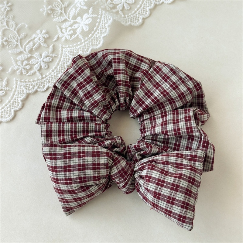 Women's Large Retro Plaid Bowknot Hair Tie Preppy Fabric Elastic Band