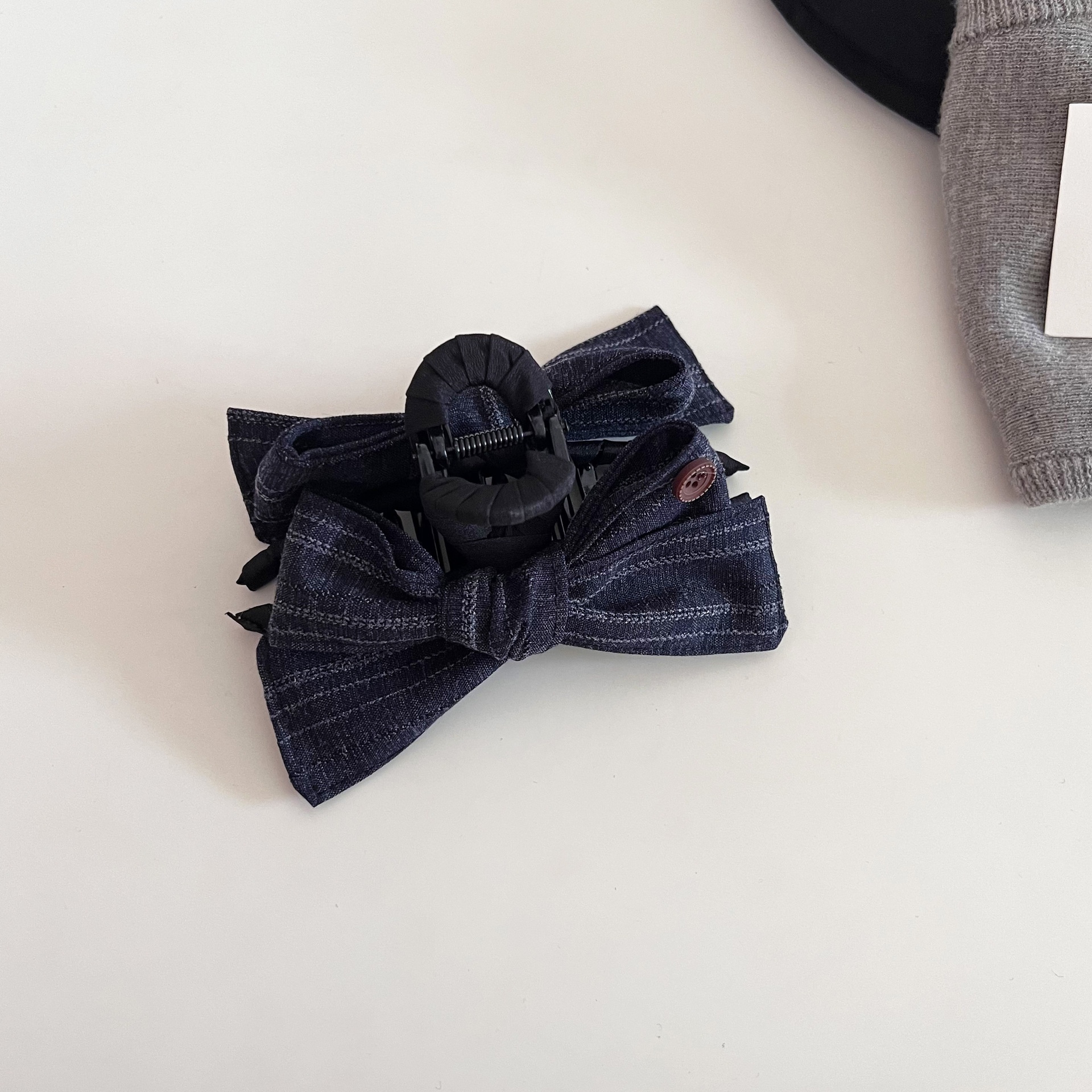 Women's Cloth Bowknot Half Bun Scrunchie Hair Claw Navy Blue Striped