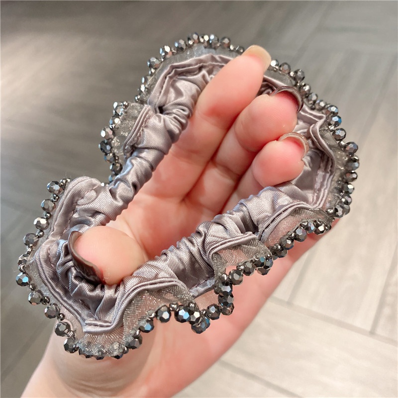 Women's High Elastic Cloth Crystal Daily Hair Bun Tie Solid Grey Black