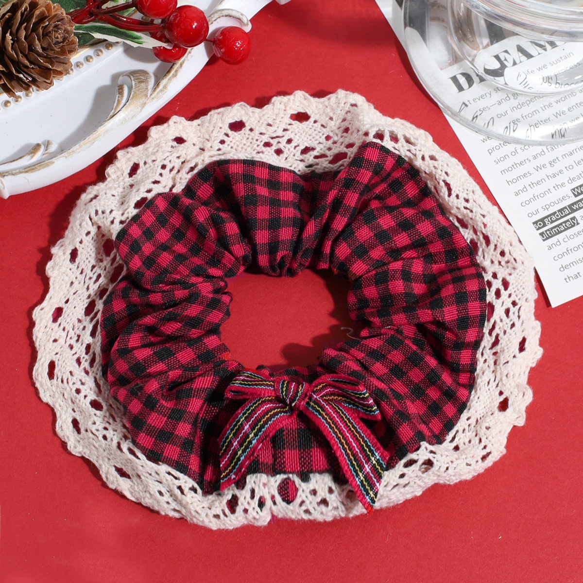 Women's Autumn Winter Fluffy Knit Hair Scrunchie Classic Red Plaid