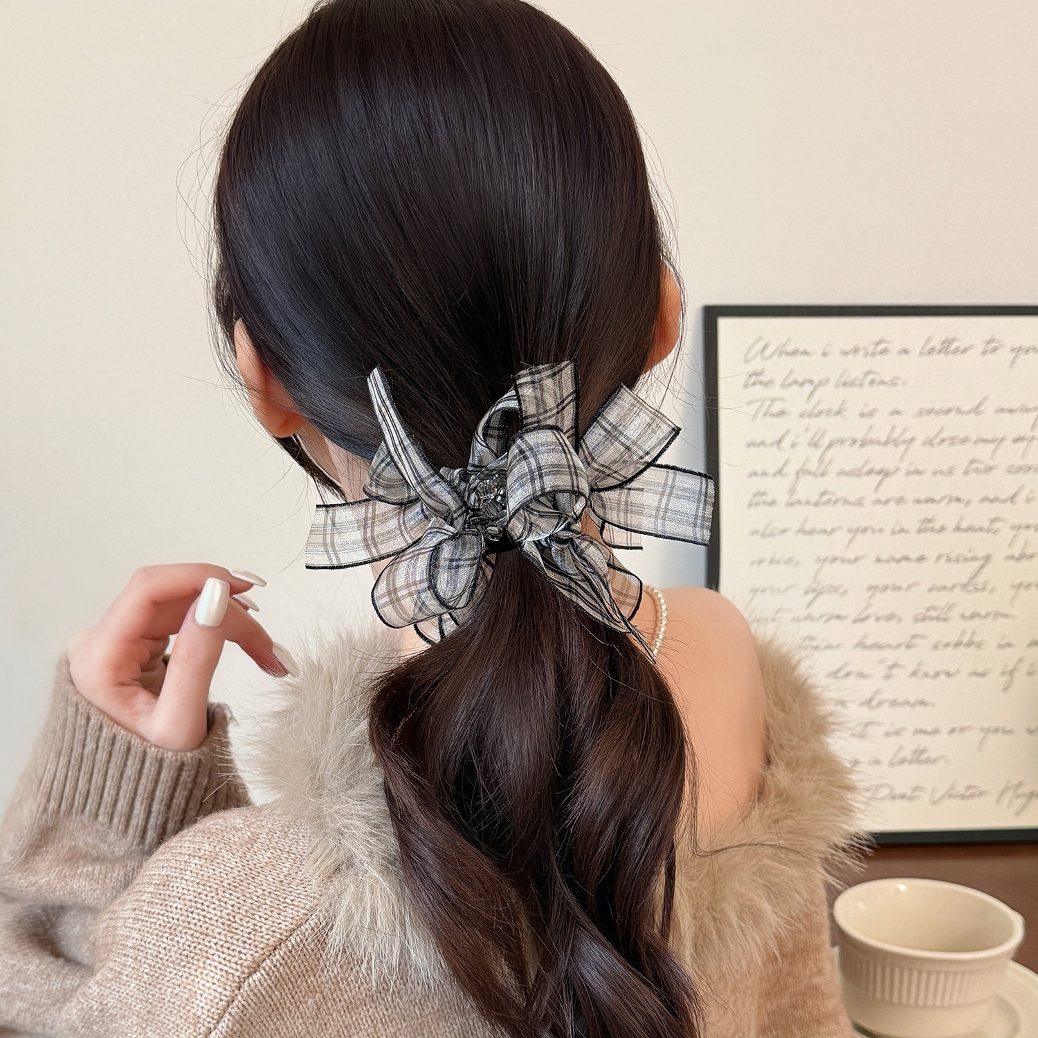 Women's Soft Gauze Bowknot Hair Tie For Spring Styling Black Plaid