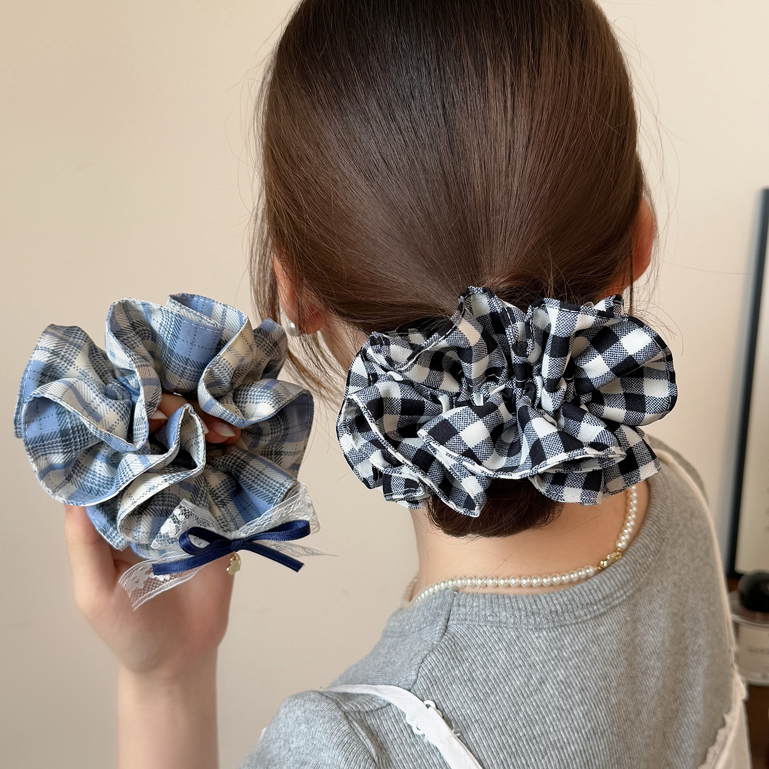 Women's Daily Cloth Bow Scrunchies Blue Black Tartan Plaid Lace