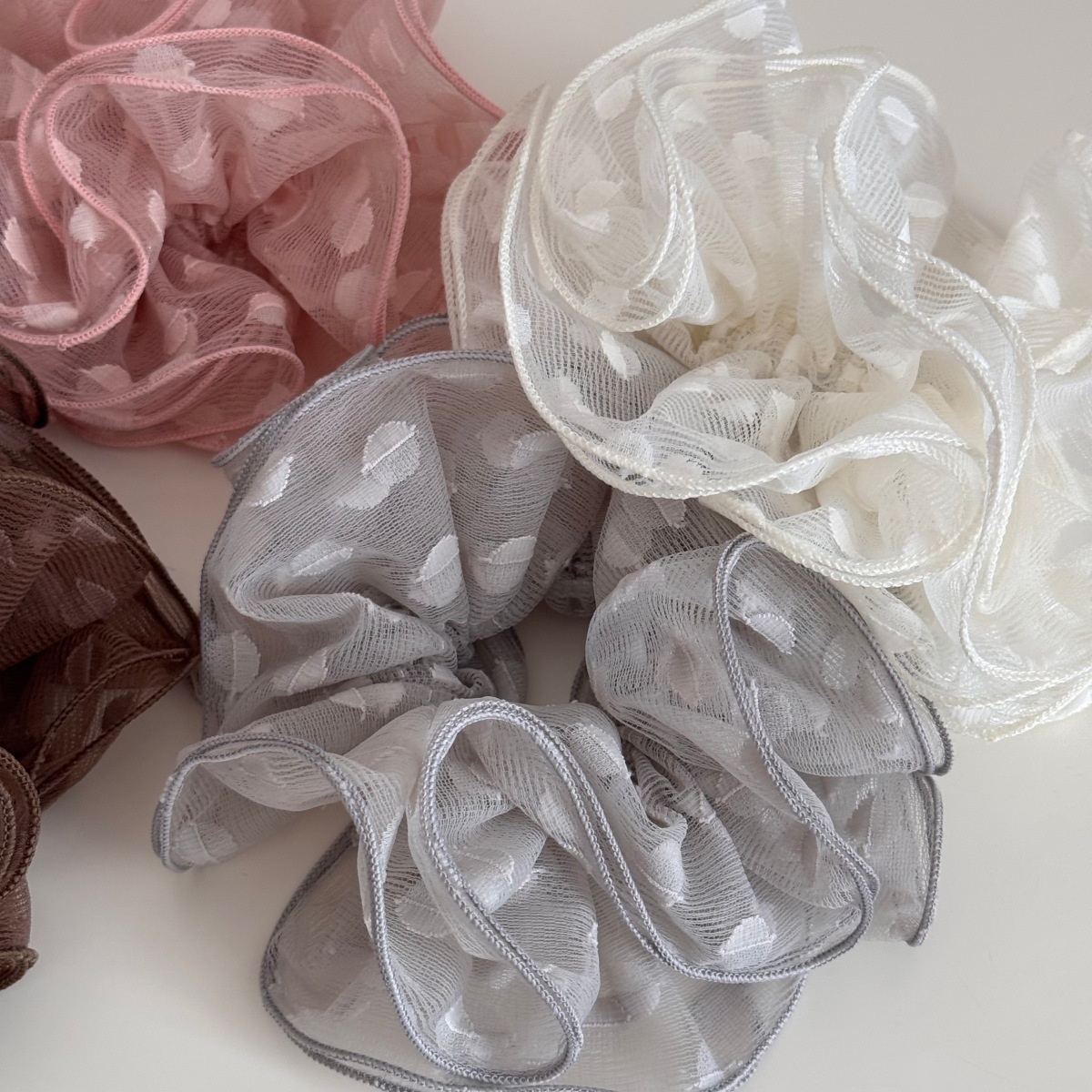 Women's Elegant Spring Soft Gauze Hair Tie Beige Polka Dots