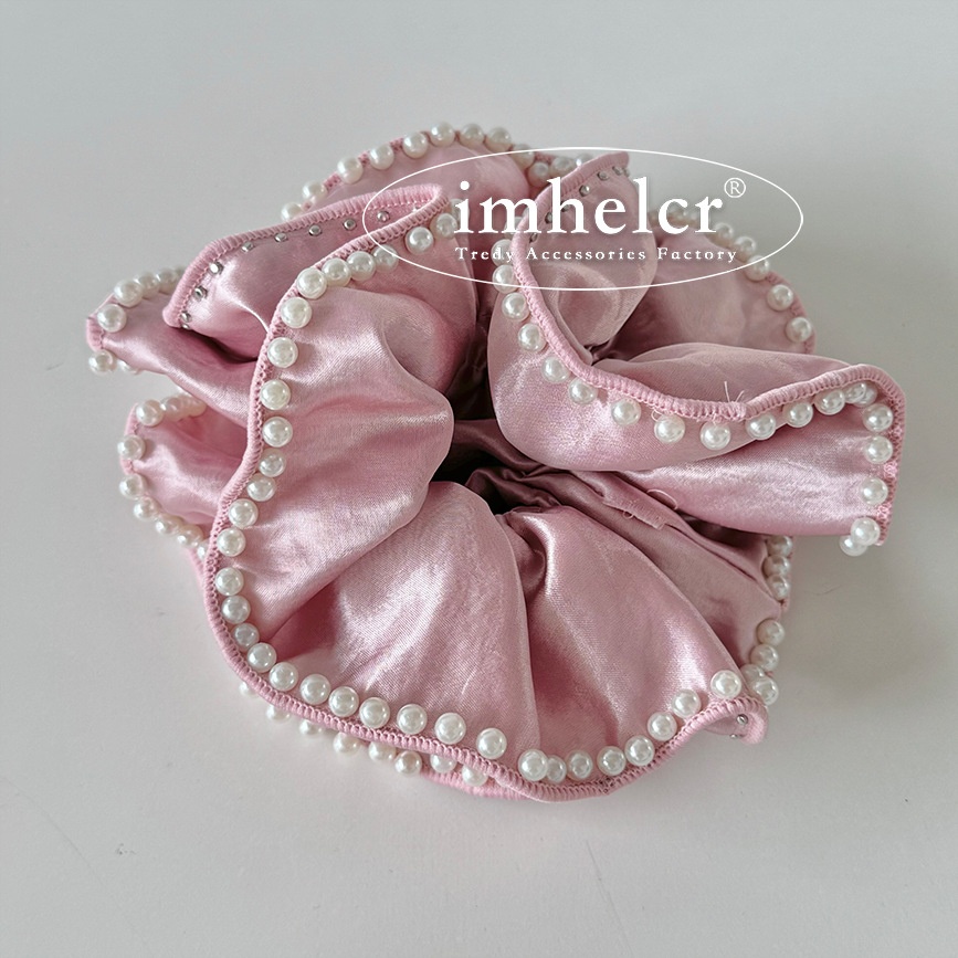 Women's French Satin Pearl Beaded Elastic Scrunchie Solid Color