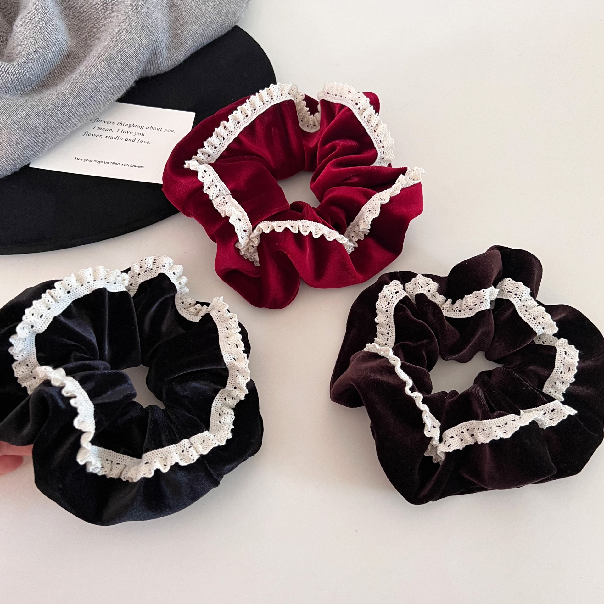 Women's French Lace Edge Velvet Hair Tie for Buns in Elegant Solid Colors