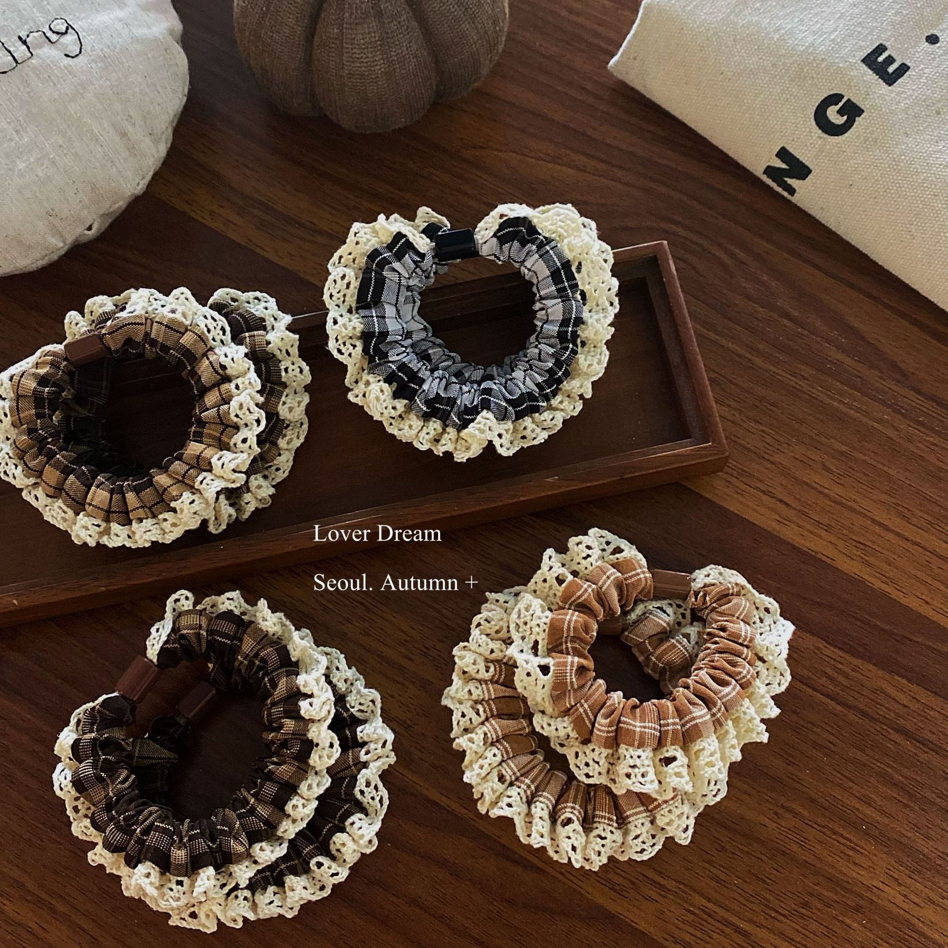 Women's High Elastic Cloth Hair Ties Autumn Winter Plaid Lace Trim
