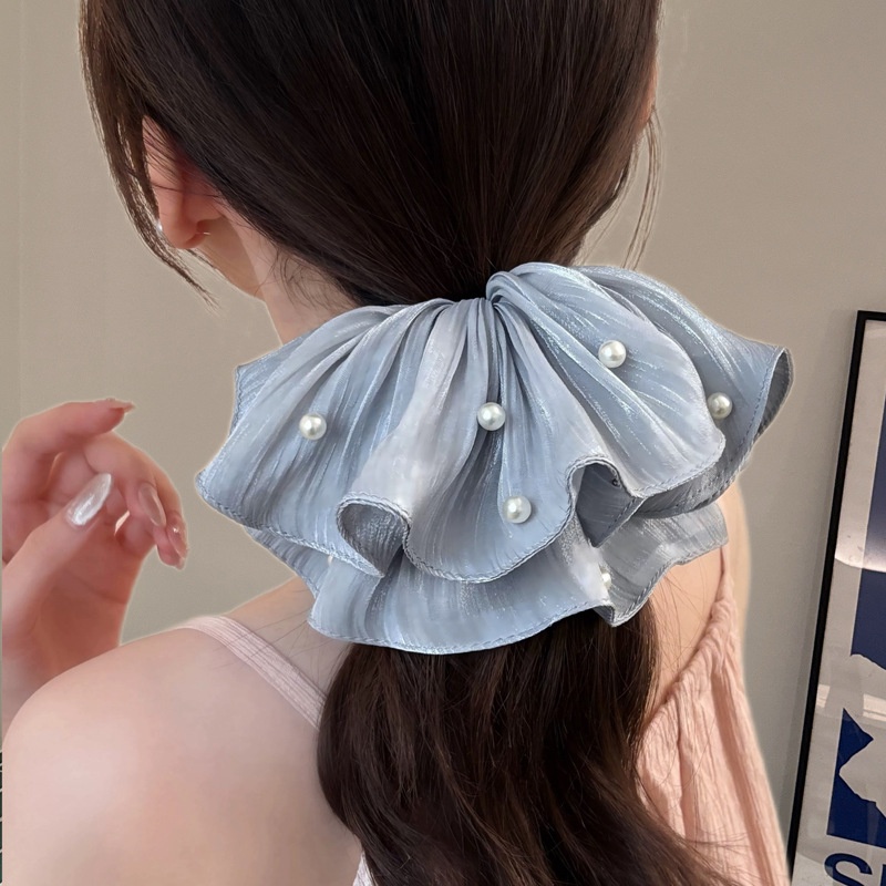 Women's Shiny Satin Pearl Large Bow Banquet Hair Tie Solid Color