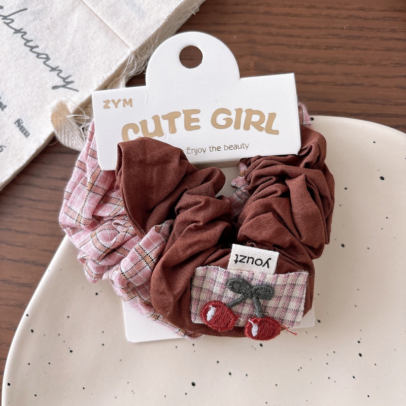 Girls Versatile Retro Fabric Elastic Hair Ties Set Plaid & Solid Color