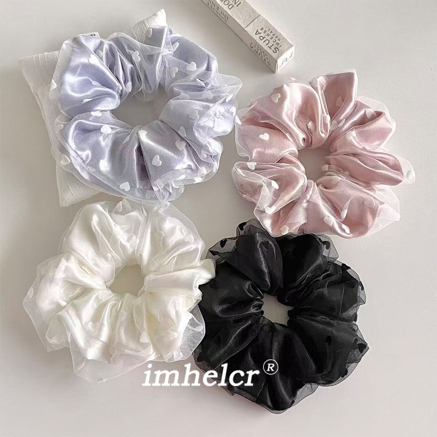 Women's Sweet Gauze Hair Tie Flocking Heart Shape White Pink Blue Black