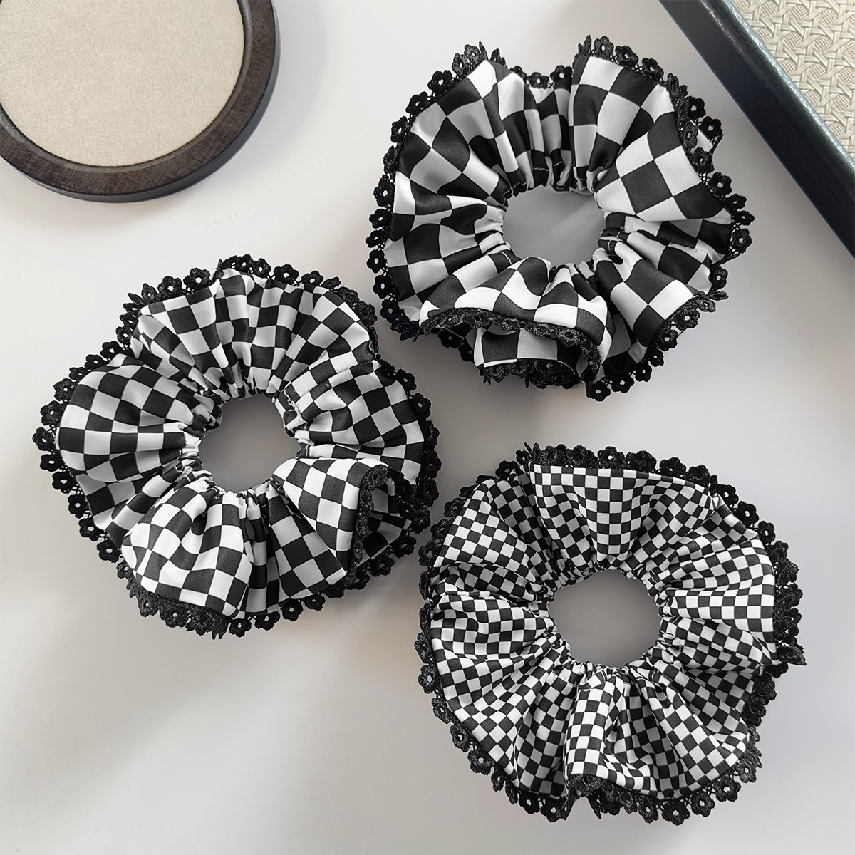 Women's Daily Double-Layer Cloth Hair Tie Black White Checkered