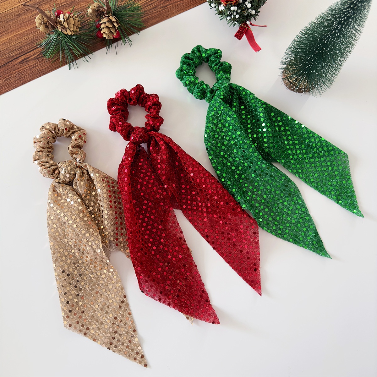 Women's Sweet Party Mesh Bowknot Ponytail Holder Hair Tie Sequin Polka Dot