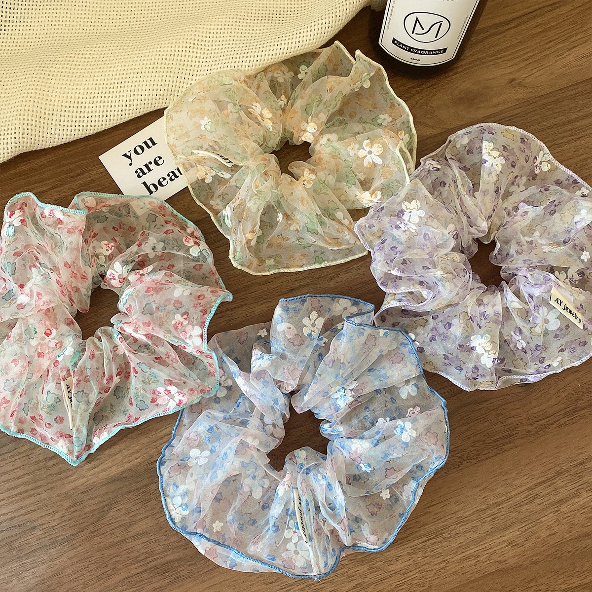 Women's Spring Summer Soft Gauze Hair Tie Scrunchie Pink Ditsy Floral