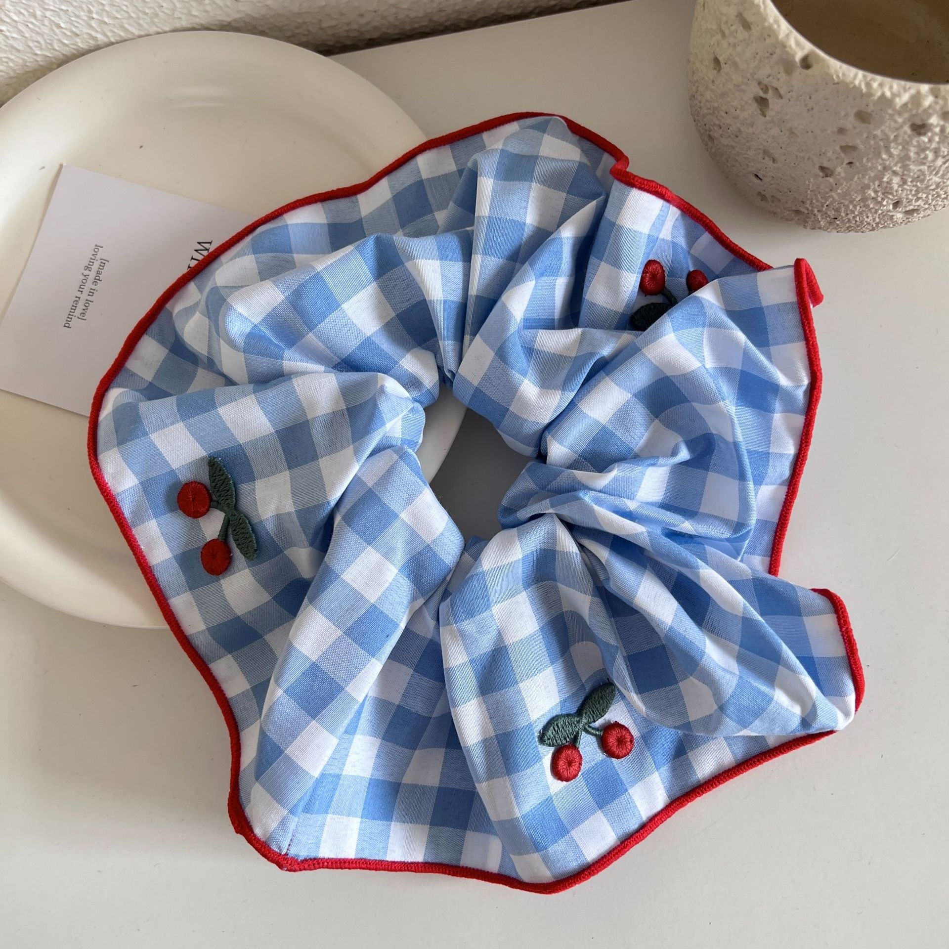 Women's Elegant Cloth Scarf Hair Tie Daily Scrunchie Retro Plaid Cherry