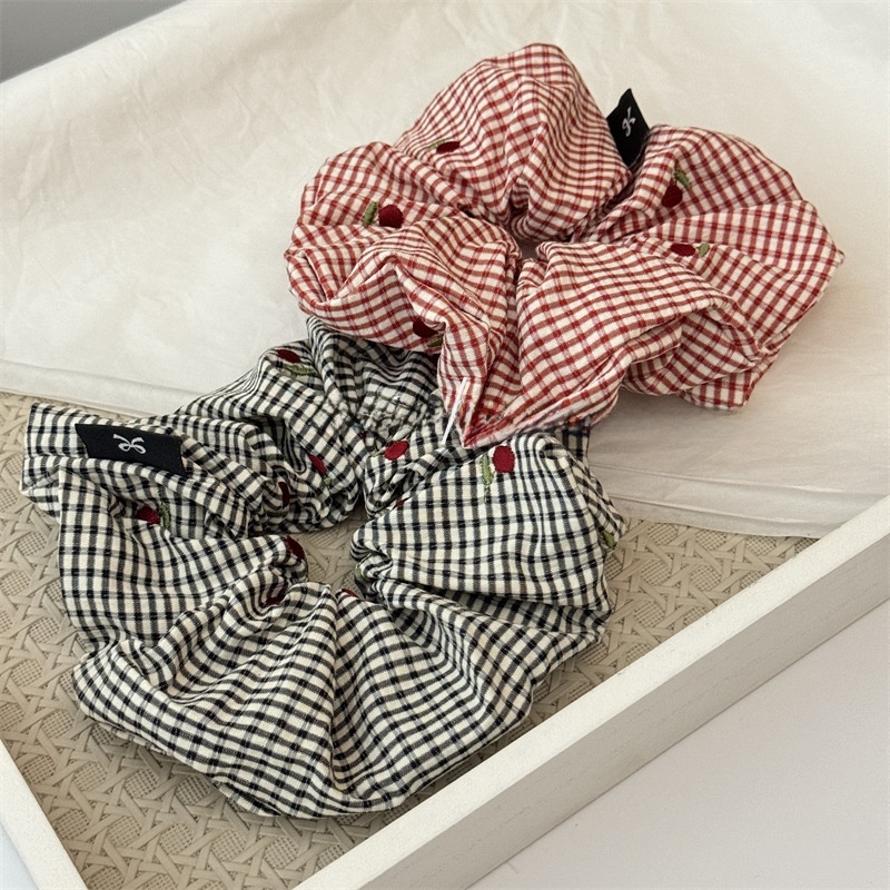 Women's Daily Cloth Scrunchies Hair Ties Red Black Cherry Checkered