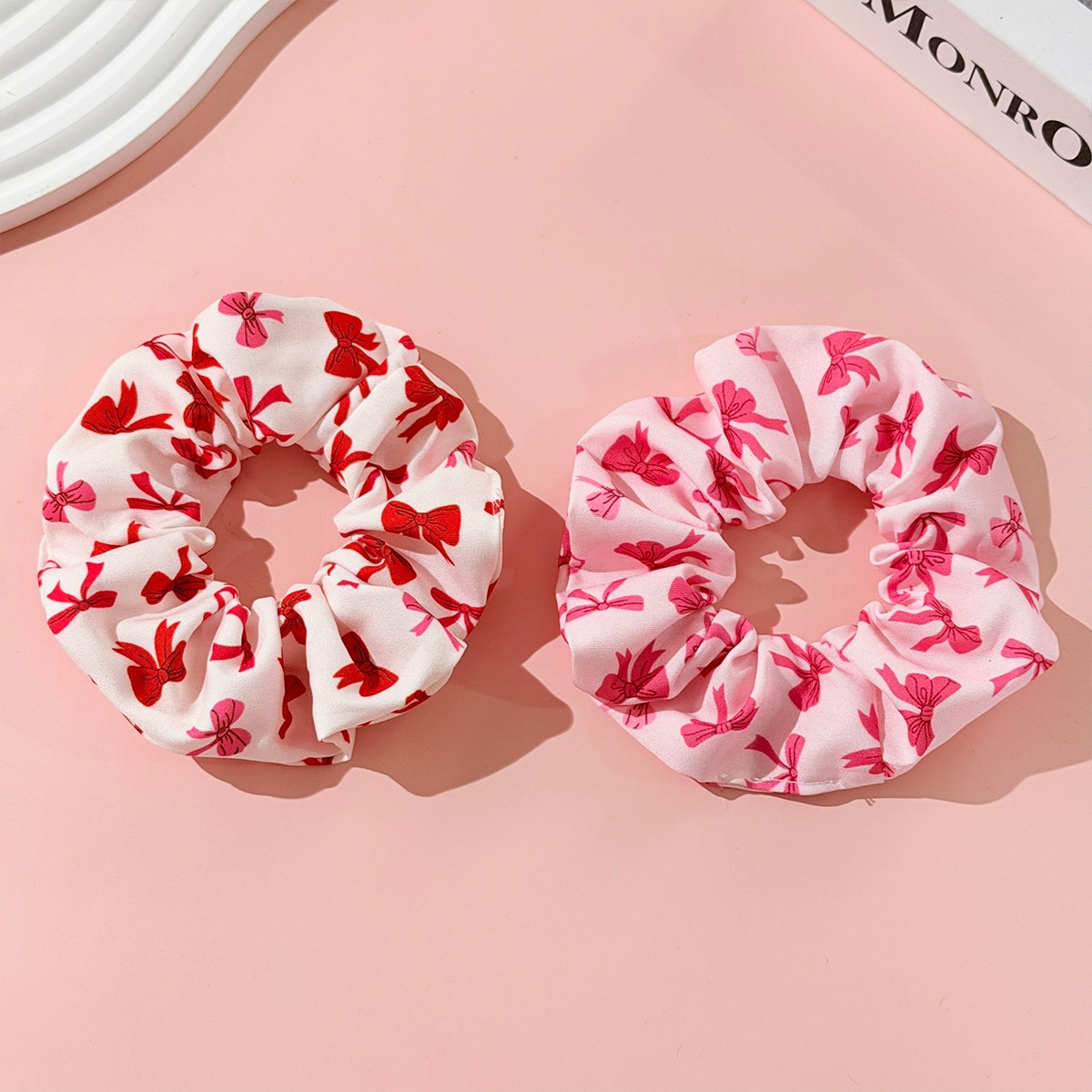 Women's Large Elastic Fabric Hairband White Pink Ribbon Bow Knot Print