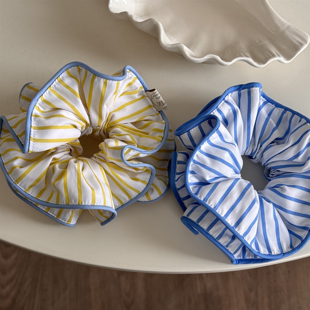 Women's Summer Cloth Telephone Cord Hair Tie Yellow Blue Striped