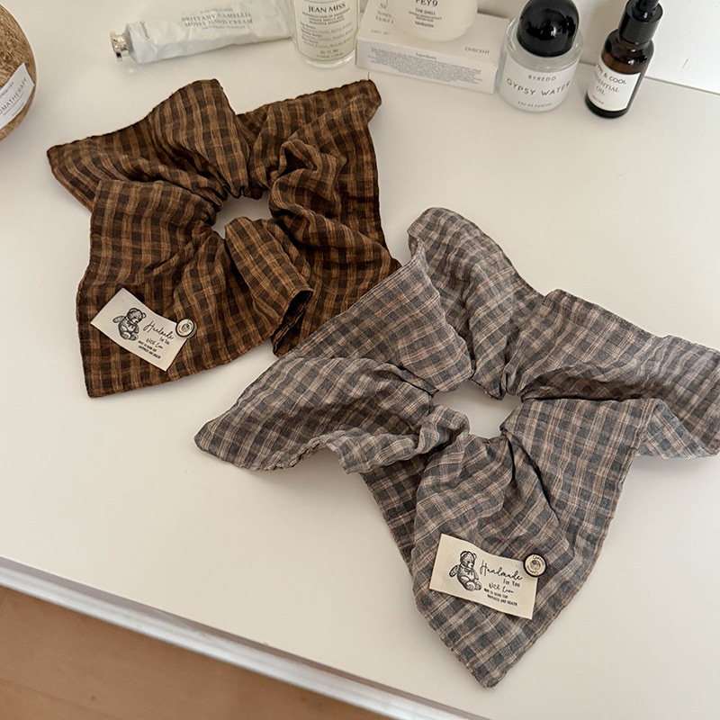 Women's Retro Autumn Winter Cloth Scrunchies Grey Checkered Plaid