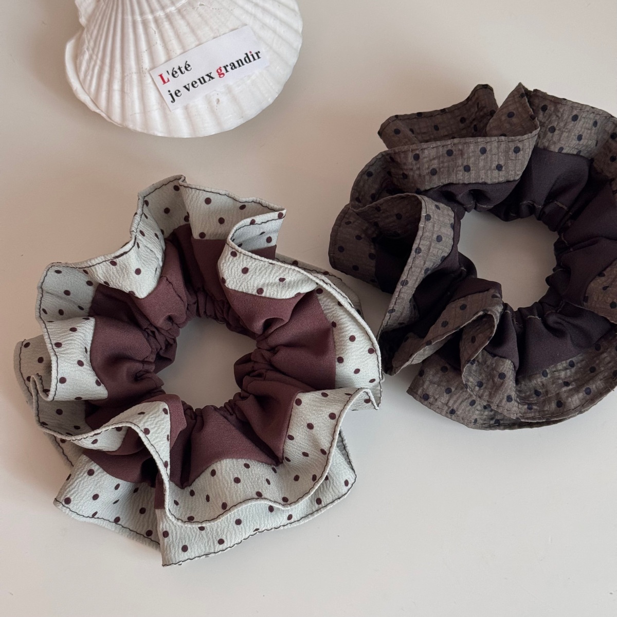 Women's Winter Cloth Scrunchie Hair Tie Beige Coffee Spliced Polka Dots