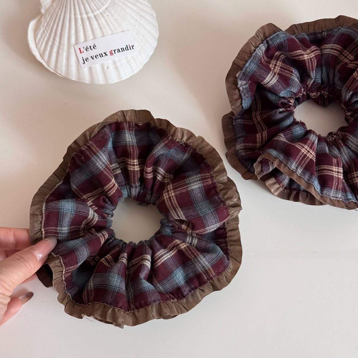 Women's Winter Soft Cloth Hair Tie Scrunchie Blue Purple Plaid