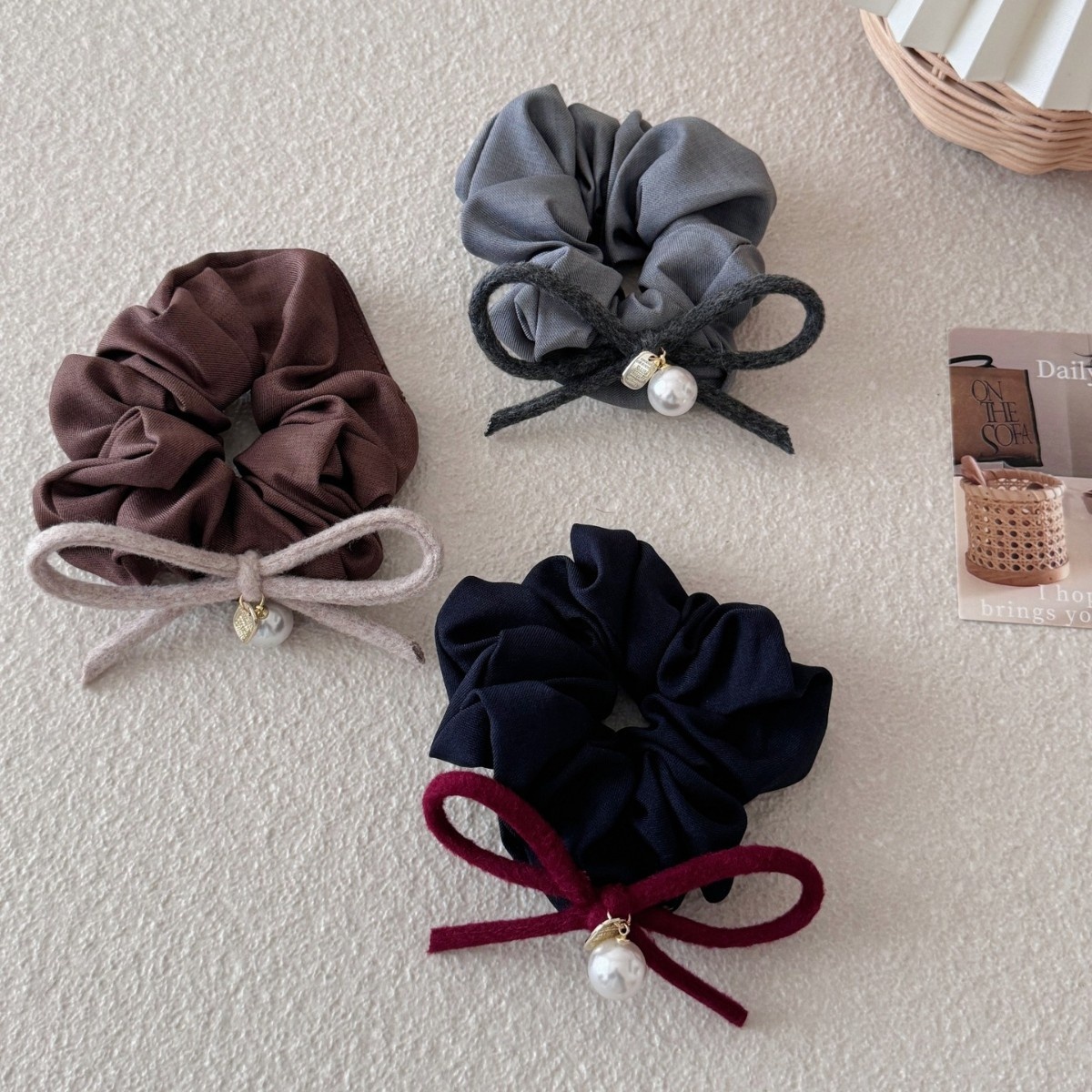 Women's Elegant Large Bow Hair Tie with Pearl Pendant Fabric Butterfly Knot