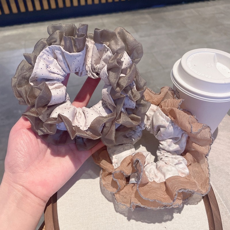 Women's Spring Tulle Scrunchie Ponytail Holder Beige Polka Dots