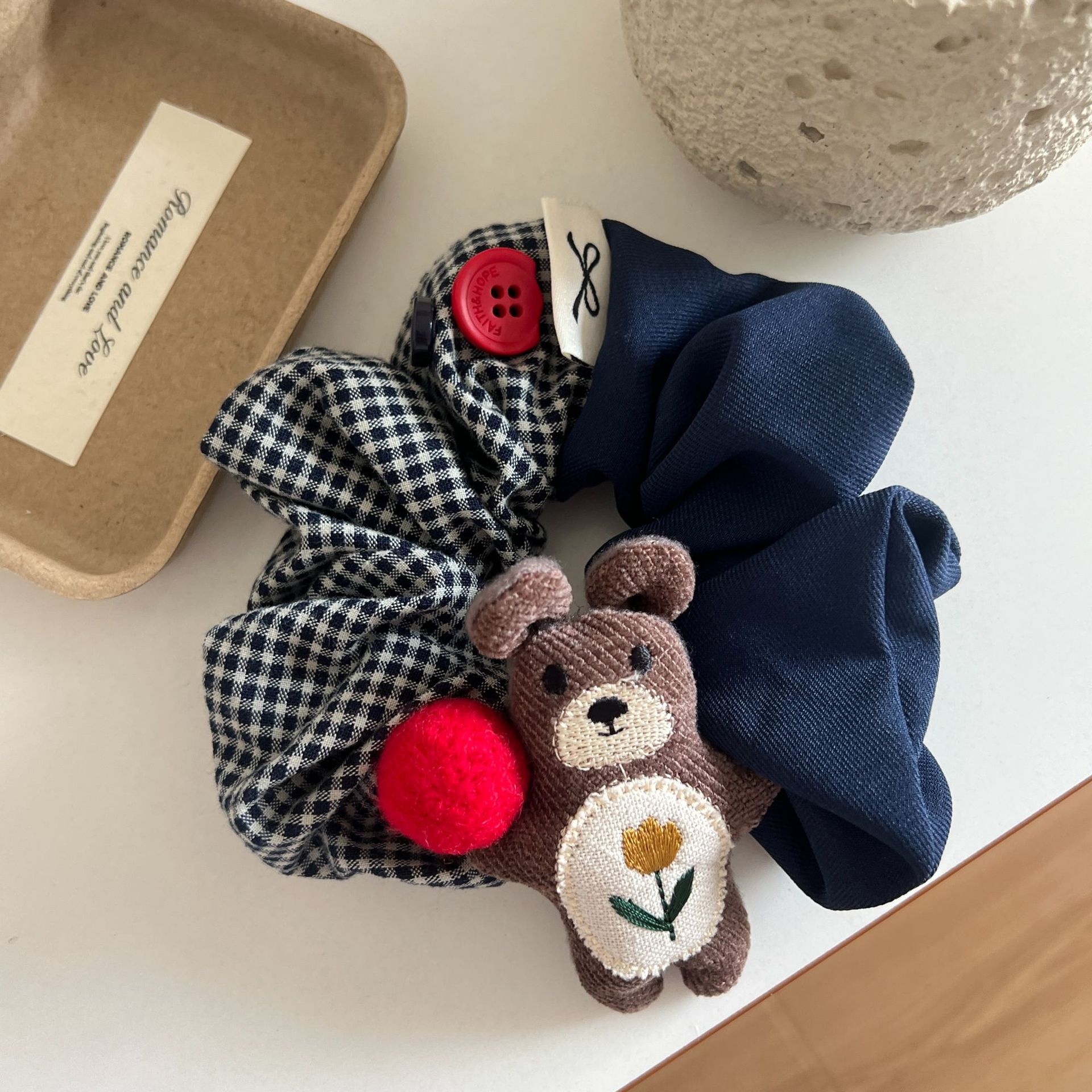 Women's Elegant Plaid Cloth Hair Ties Cute Bear Low Bun Hair Ropes