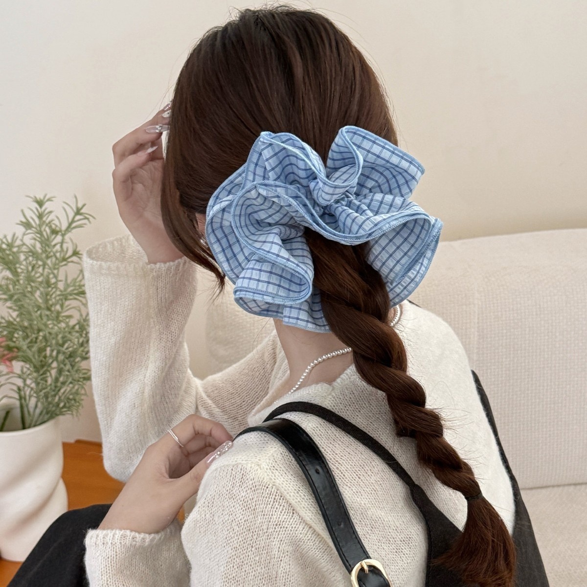 Women's Spring Cloth Hair Tie Daily Accessories Black Plaid Stripe