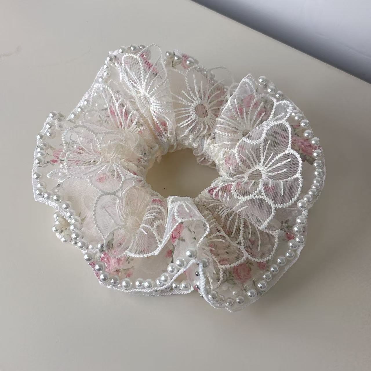 Women's Pearl Scrunchie Ponytail Tie Ditsy Floral Embroidered Lace