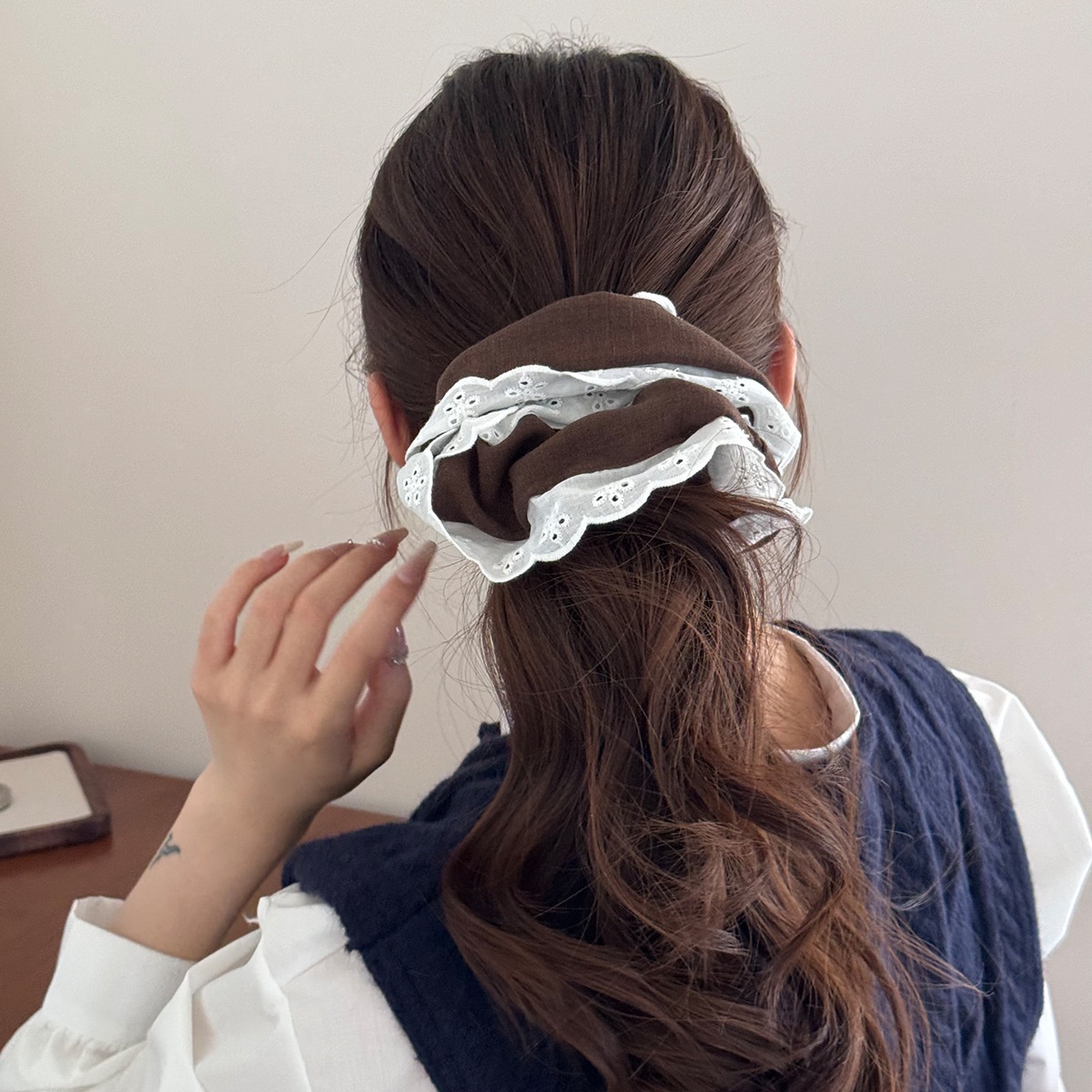 Women's Soft Cloth Elastic Bun Hair Bands Retro Lace Trim Polka Dot