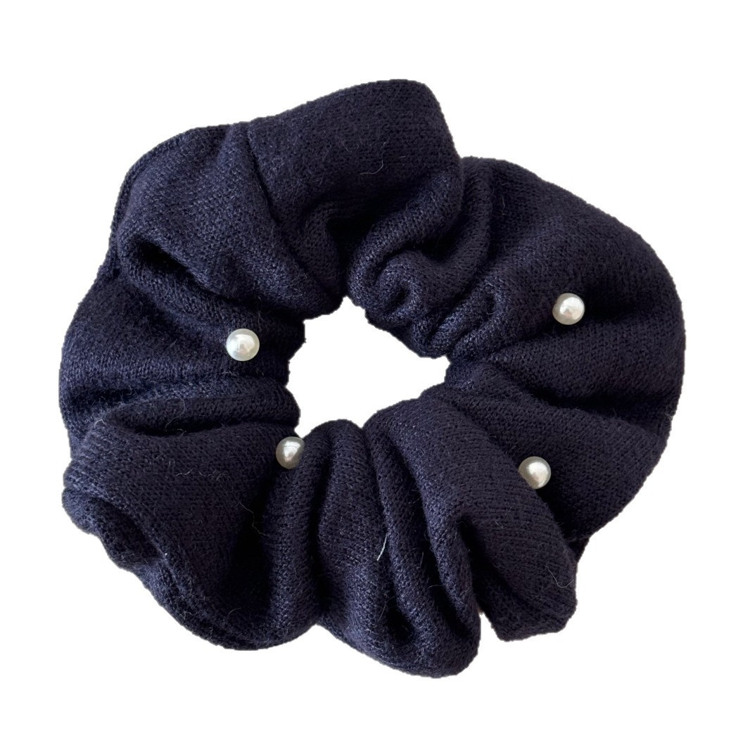 Women Elegant Pearl Knitted Cotton Hair Bands Winter Bun Ties Solid Colors
