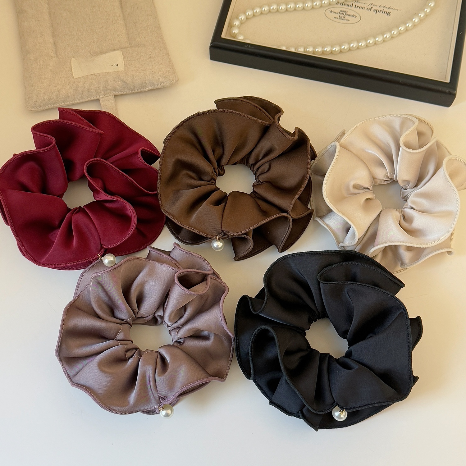 Women's Satin Pearl Double Layer Bun Hair Tie Solid Color