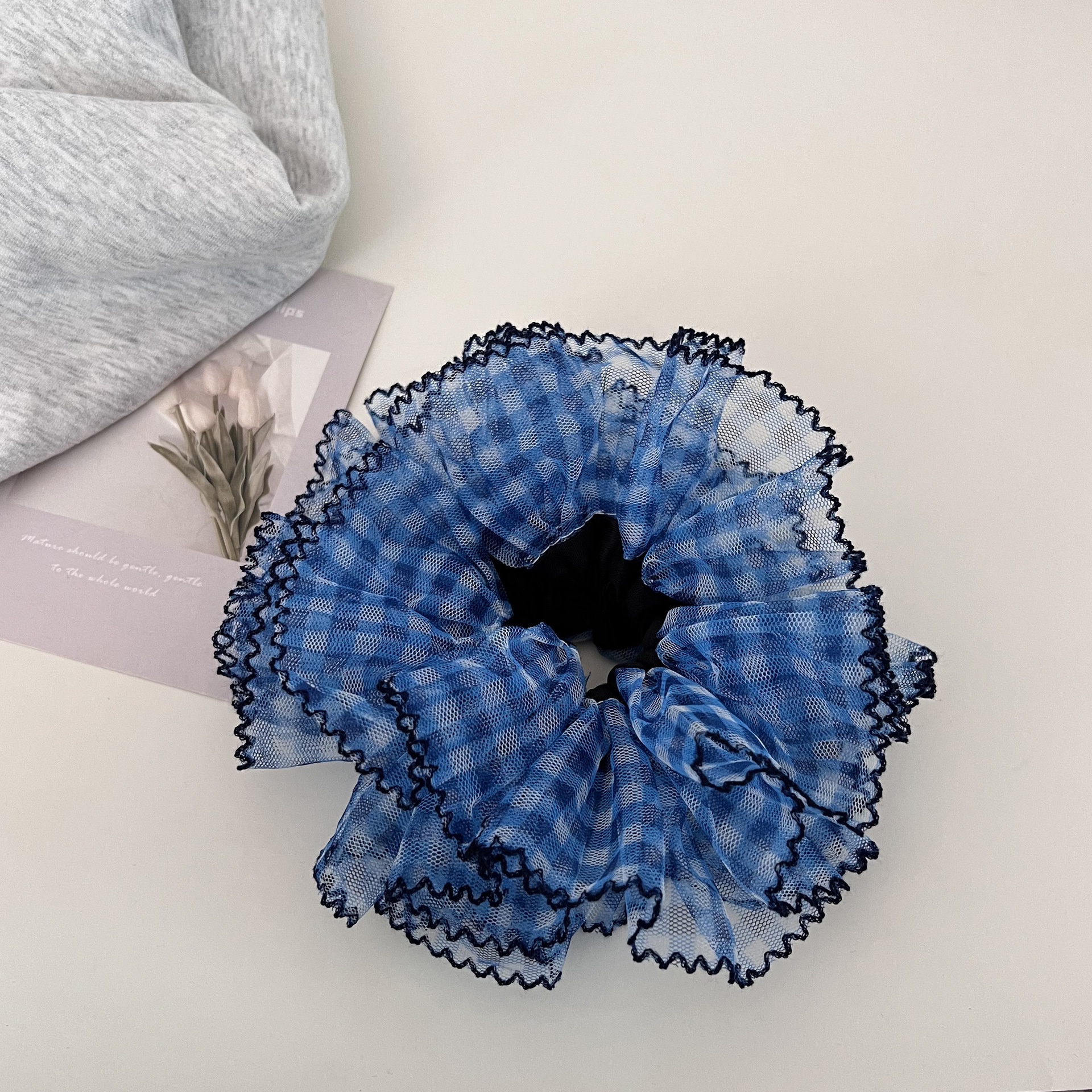 Women's Stylish Gauze Hair Accessories Scrunchies Blue Checkered Plaid