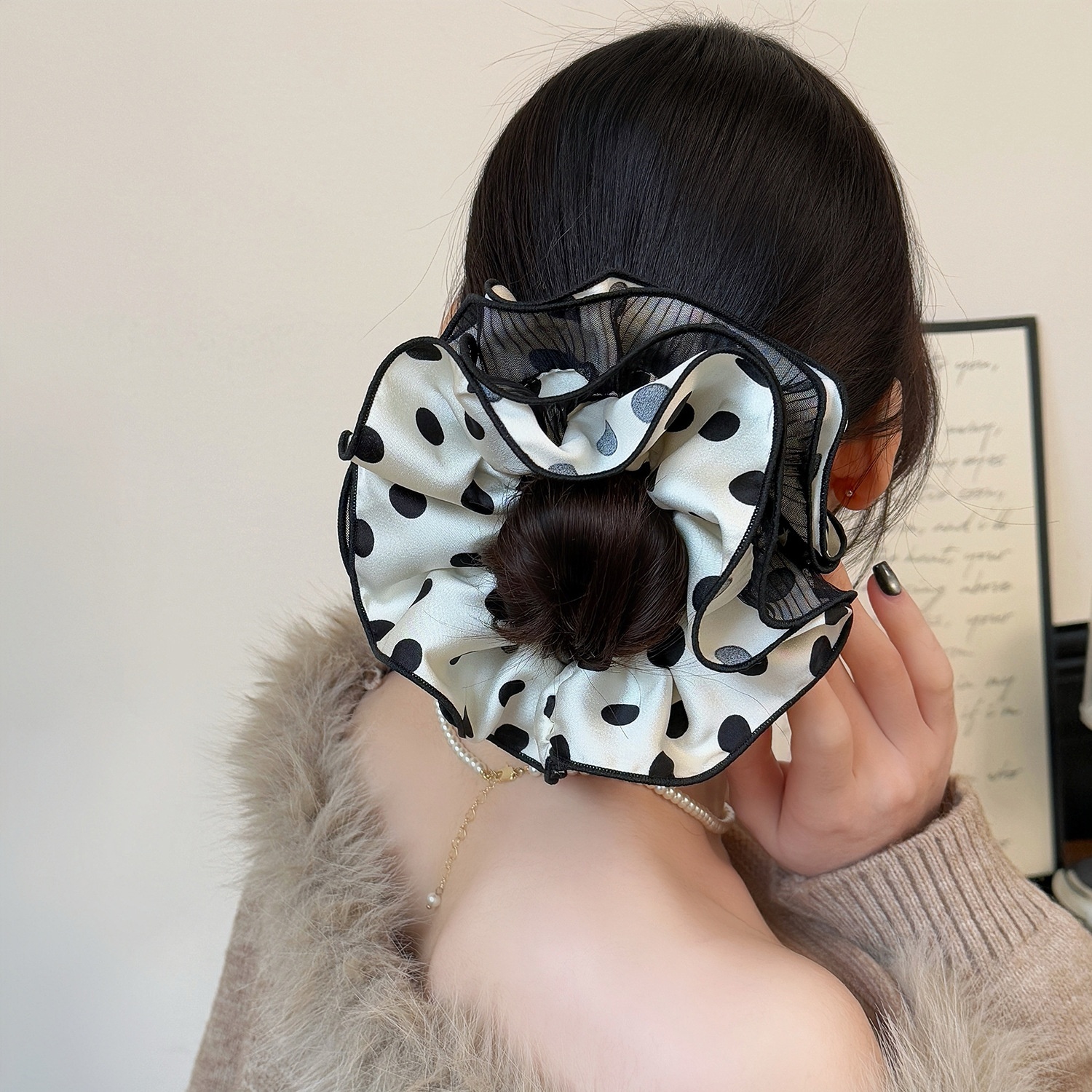 Women's All-Season Soft Gauze Scrunchie Hair Tie Black Polka Dots