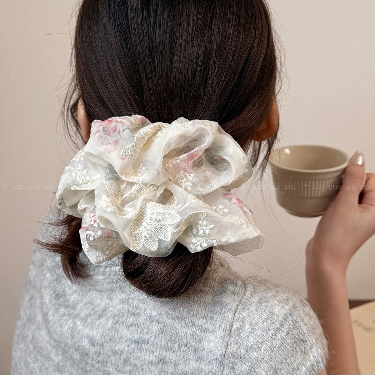 Women's Soft Gauze Fairy Hair Tie Ditsy Floral Embroidery