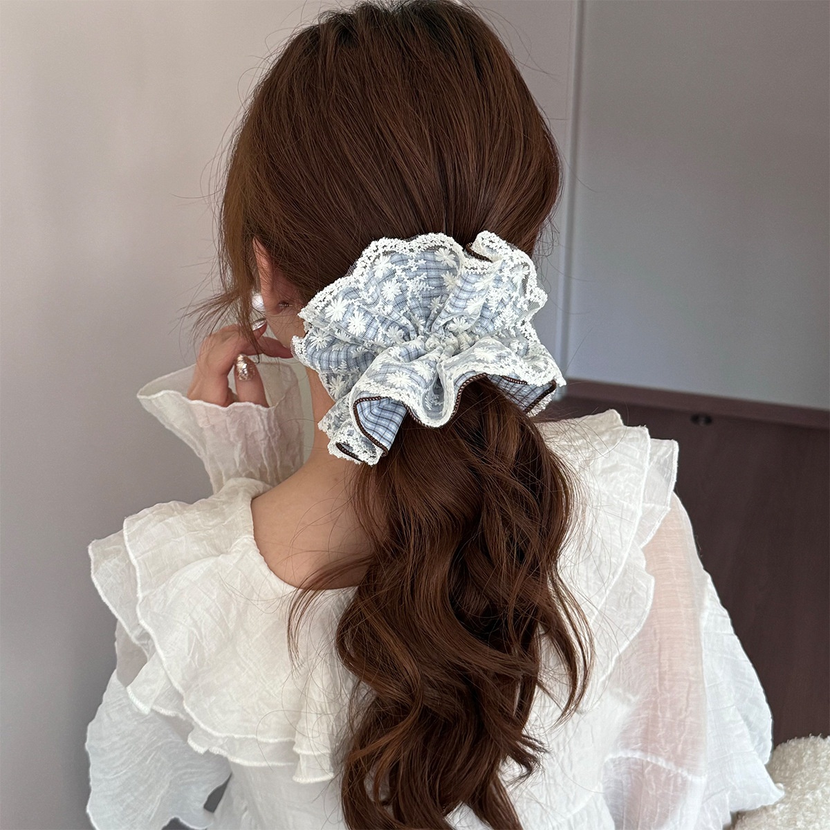 Women's Spring Cloth Scrunchie Hair Tie Blue Plaid Lace