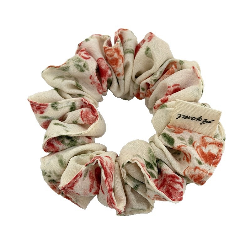 Women's Minimalist Fabric Hair Tie For Ponytails Beige Black Floral Print