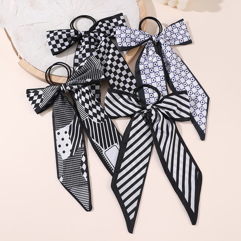 Women's Satin Bow Hair Tie Scarf Headband Black Striped Floral Plaid