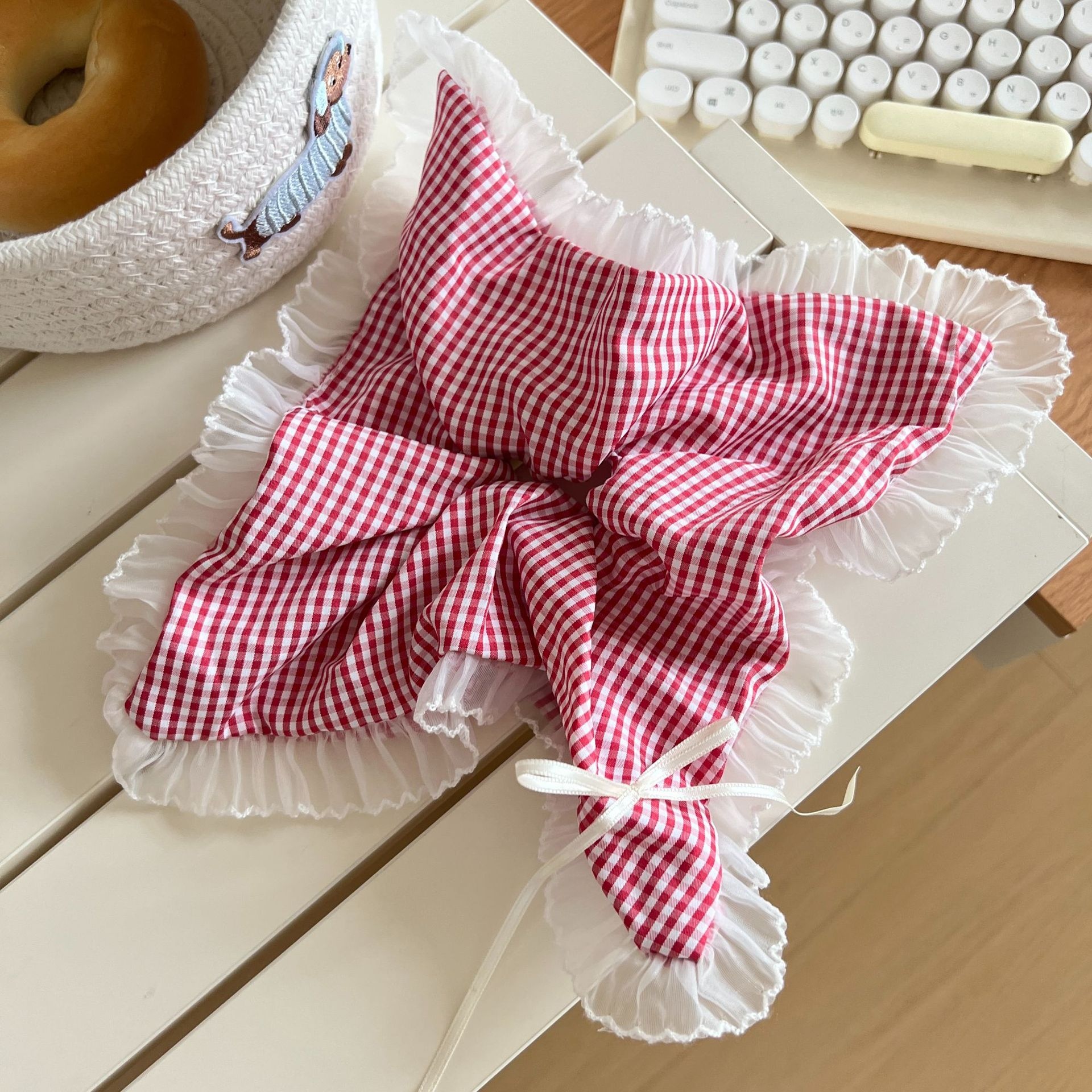 Women's Fabric Bowknot Hair Ties Summer Date Ruffle Bands Multicolor Plaid