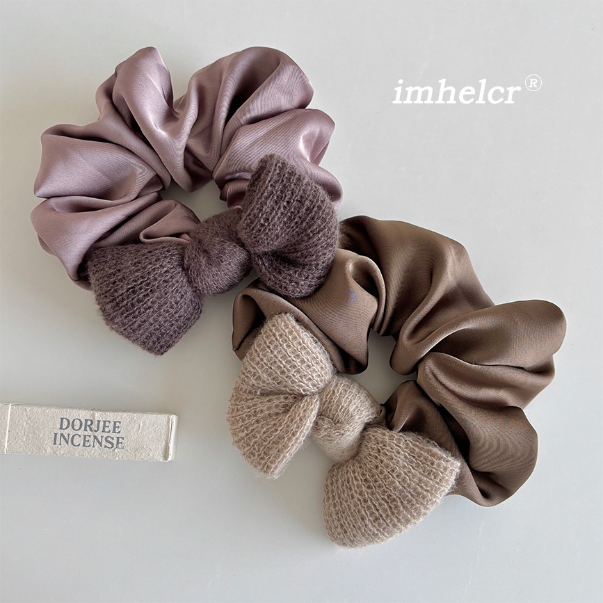 Women's Knitted Satin Plaid Bow Headband Autumn Winter Elastic Hair Accessories