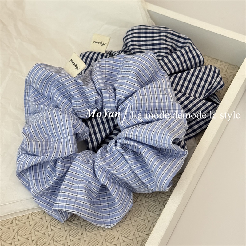 Women's Everyday Cloth Scrunchie Hair Tie Navy Blue Plaid Checkered