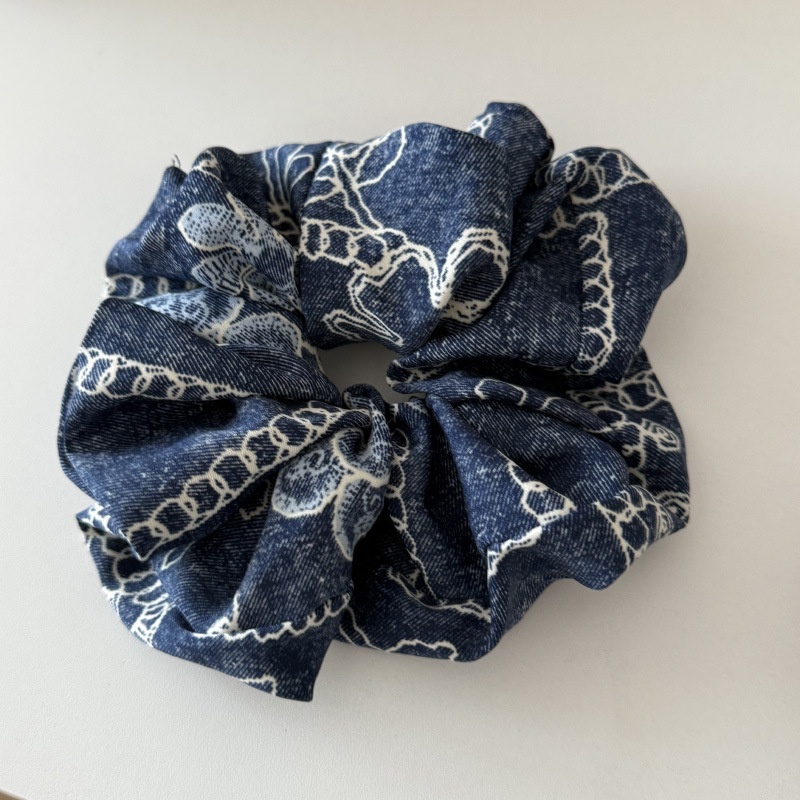 Women's Elegant Denim Blue Satin Hair Ties Large Silky Fashion Headscarves