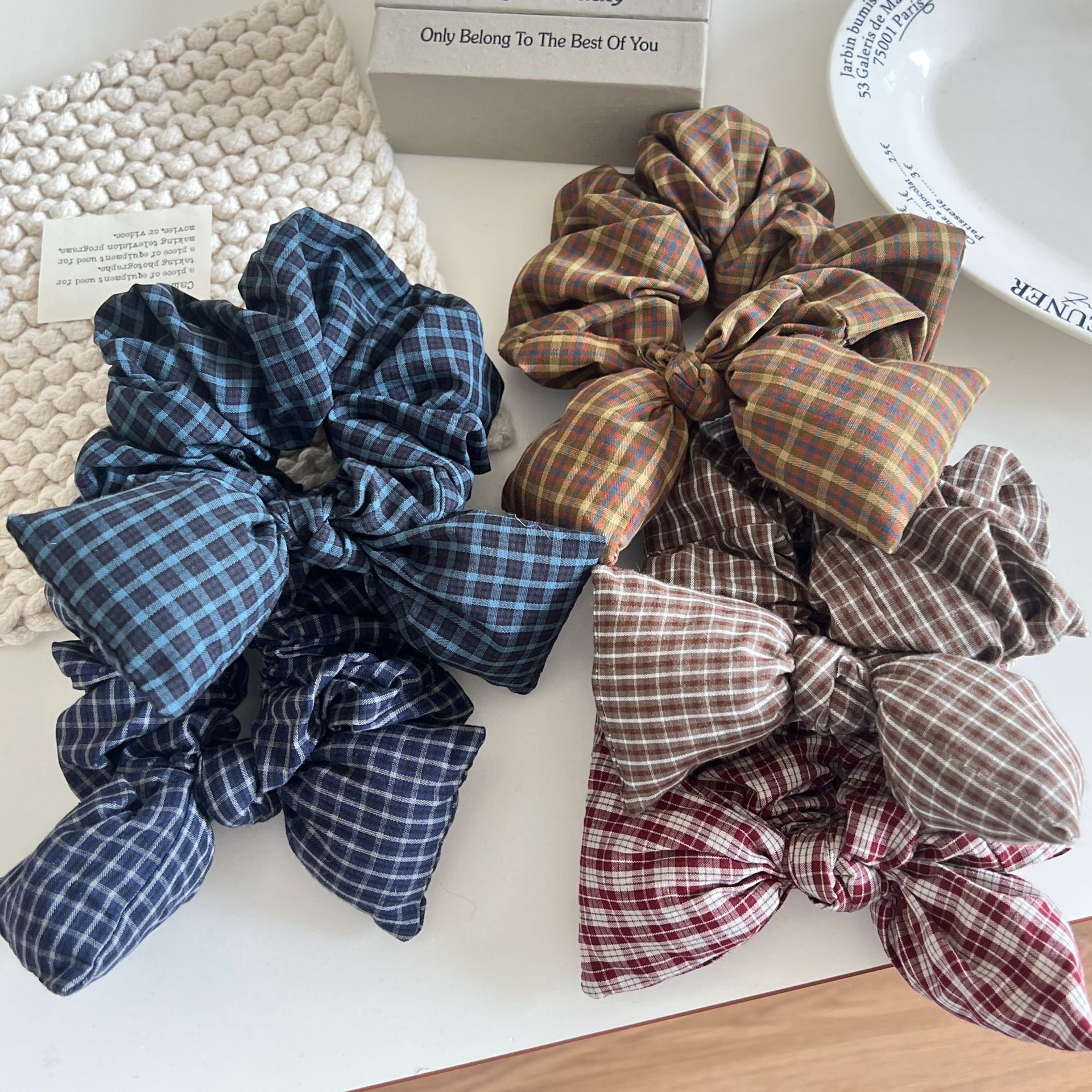 Women's Ruffled Fabric Low Ponytail Hair Tie Scrunchie Retro Plaid