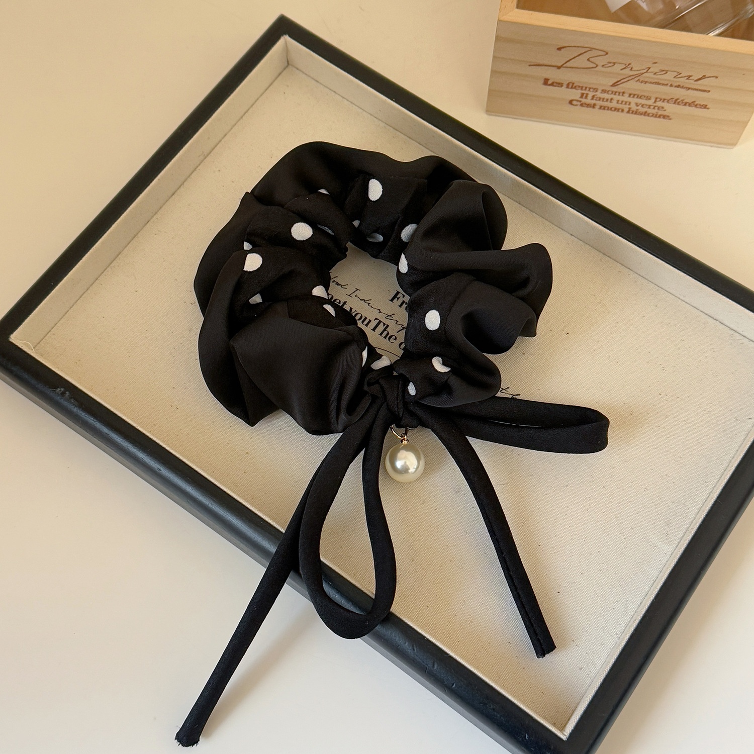 Women's Elastic Pearl Bow Cloth Hair Tie For Buns Black Red Polka Dot