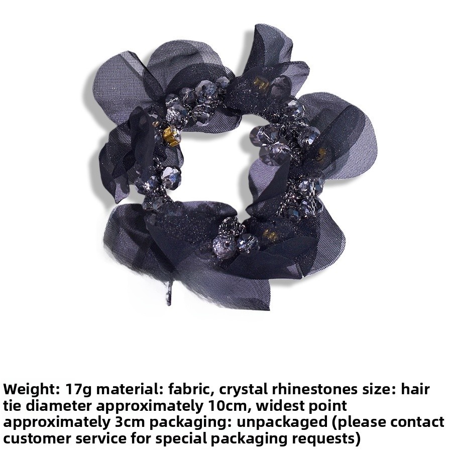 Women's Fairy Crystal Petal Hair Ring Organza Ponytail Tie Black Champagne