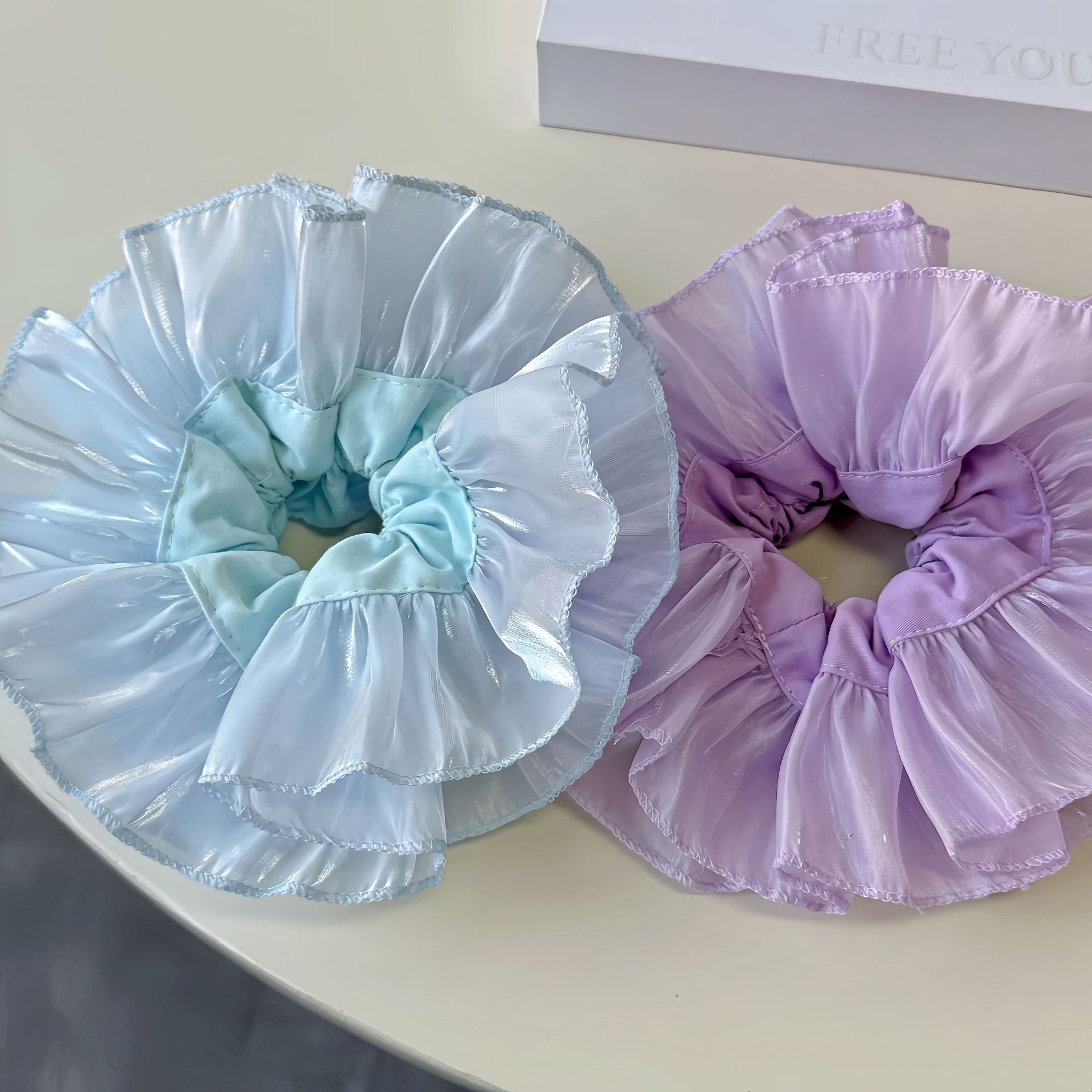 Women's Handmade Pleated Gauze Large Bow Lazy Hair Tie Lilac Blue