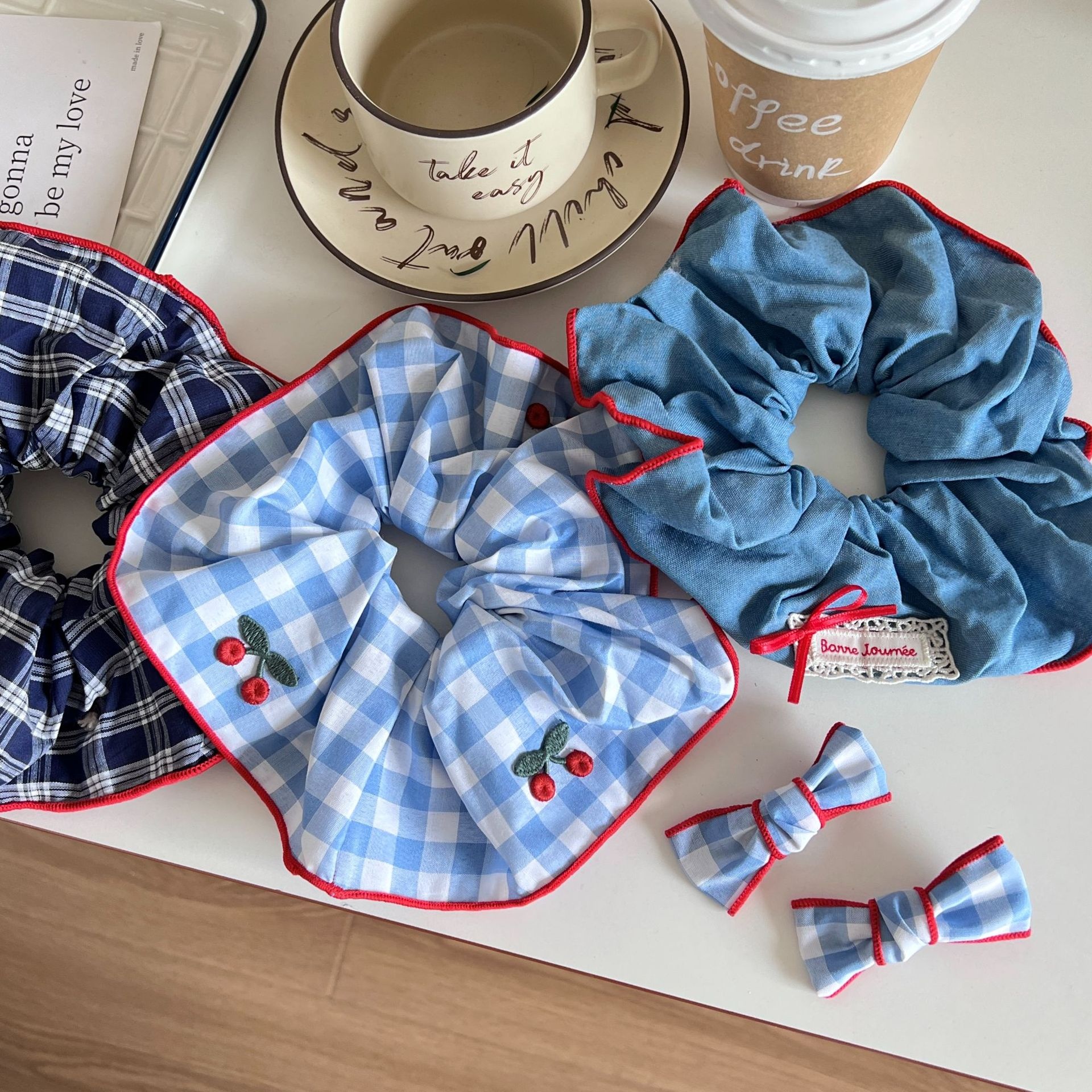 Women's Elegant Cloth Scarf Hair Tie Daily Scrunchie Retro Plaid Cherry