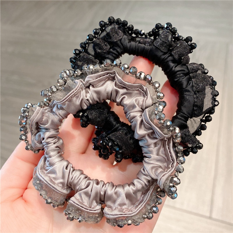 Women's High Elastic Cloth Crystal Daily Hair Bun Tie Solid Grey Black