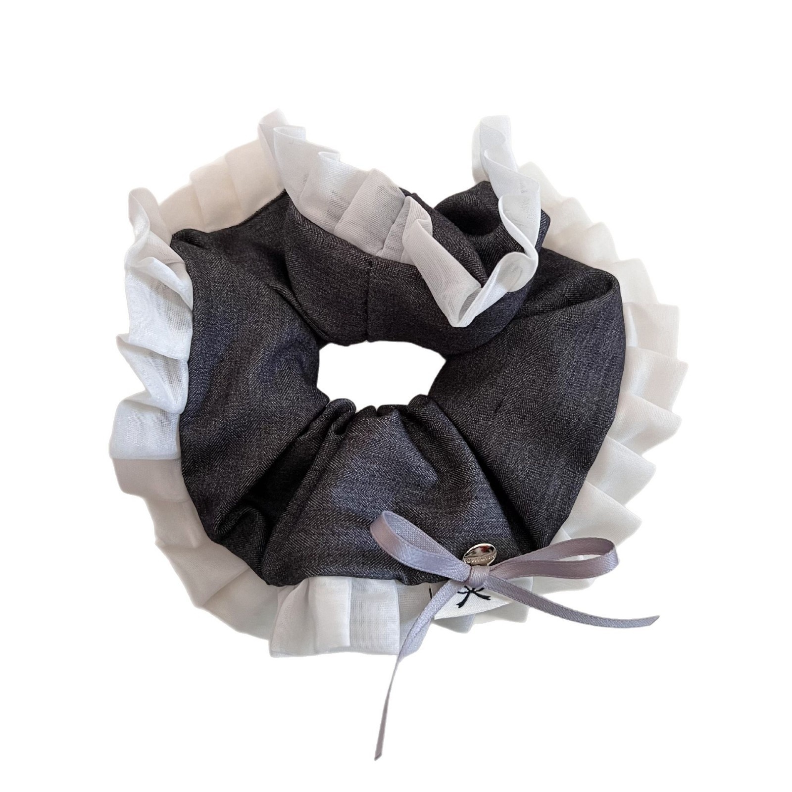 Women's Spring Sweet Cloth Ruffle Bowknot Scrunchie Hair Tie Dark Grey