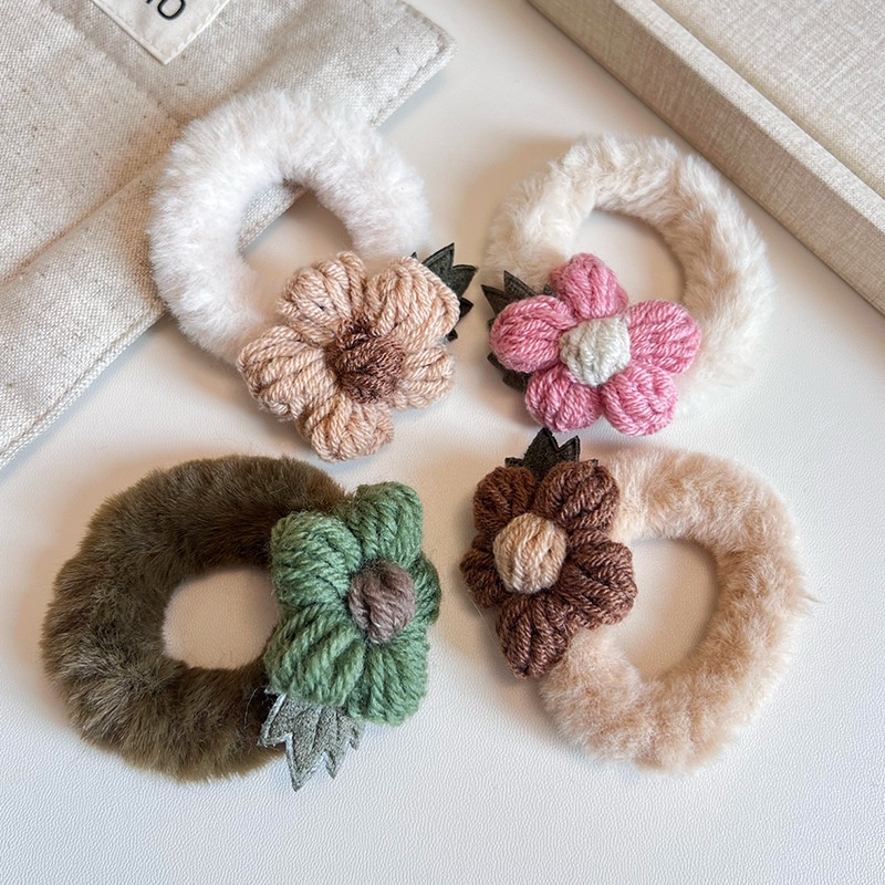 Women's Sweet Plush Flower Hair Tie Autumn Winter Accessory Beige